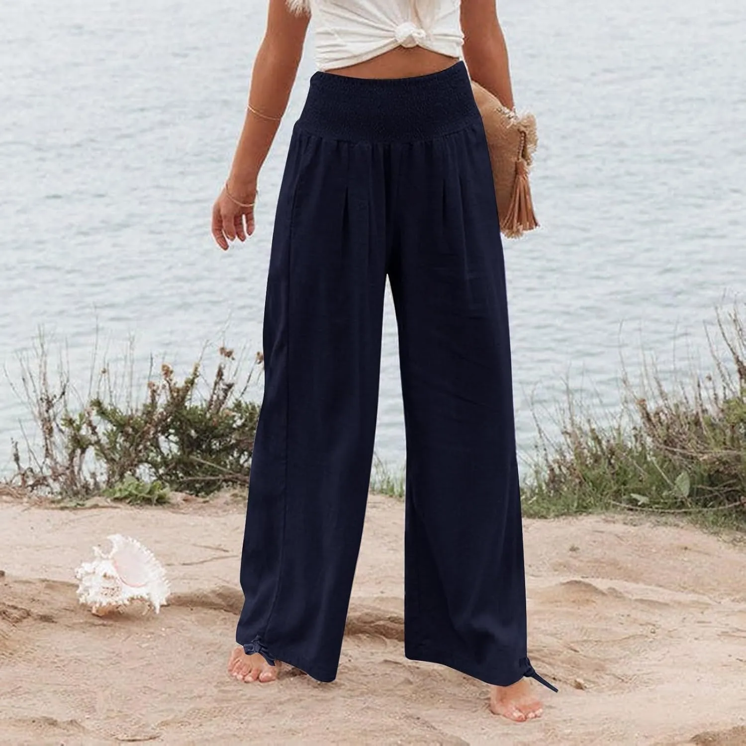 Pants for Women High Waisted Pant Wide Leg Linen Pants Palazzo Trousers Pull On Elastic Smock Waist Loose Flowy Pants