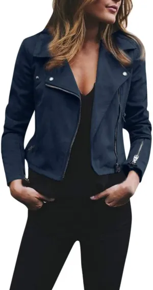 PETYCZEN Women's Faux Leather Jacket Lapel Long Sleeve Zip Up Motorcycle Jacket Lightweight Cropped Windbreaker Jacket Coats
