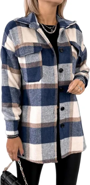 Plaid Shacket Jacket for Women Lapel Woolen Coats Comfy Button Up Long Sleeve Shirts Tartan Trench Coat with Pocket