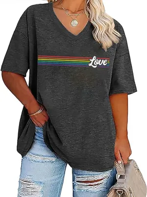 Plus Size Gay Pride T-Shirt Women LGBT Rainbow Graphic Tee Blouse Casual Loose Short Sleeve V-Neck Tunic Tops
