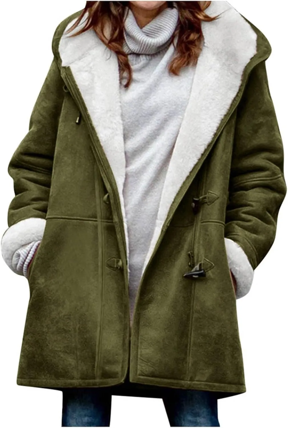 Plus Size Winter Coats For Women 2024 Warm Sherpa Fleece Lined Jackets Horn Button Hooded Suede Pea Coat Outerwear