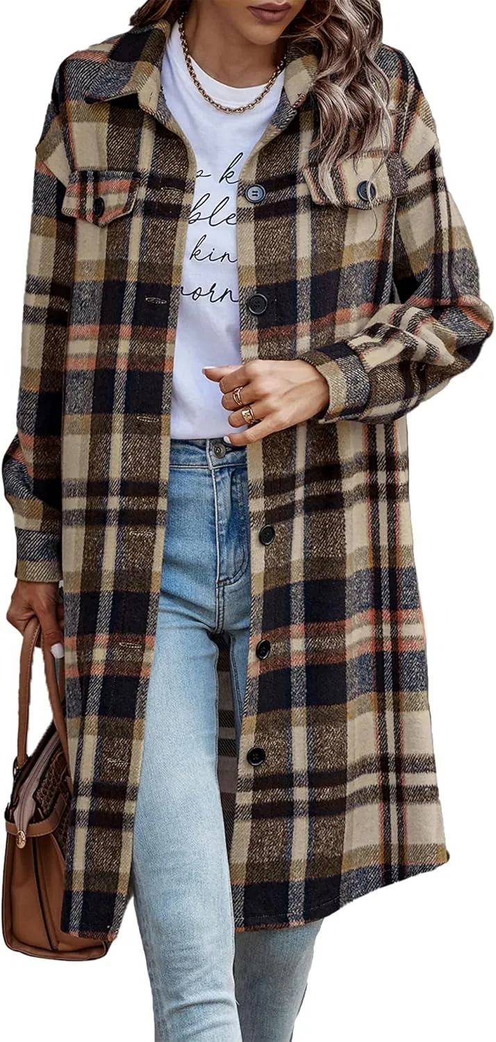 PRETTYGARDEN Women's Plaid Shacket 2025 Long Sleeve Button Up Flannel Shirt Winter Tartan Jacket Woolen Coats