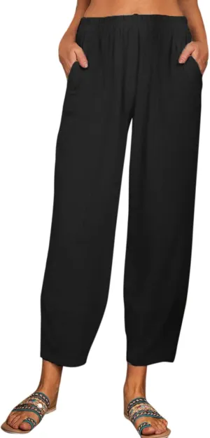 QWENTMTNTY Loose Pants for Women Casual Summer Cotton Linen Pants Cropped Elastic High Waisted Crop Capris Trousers Pockets