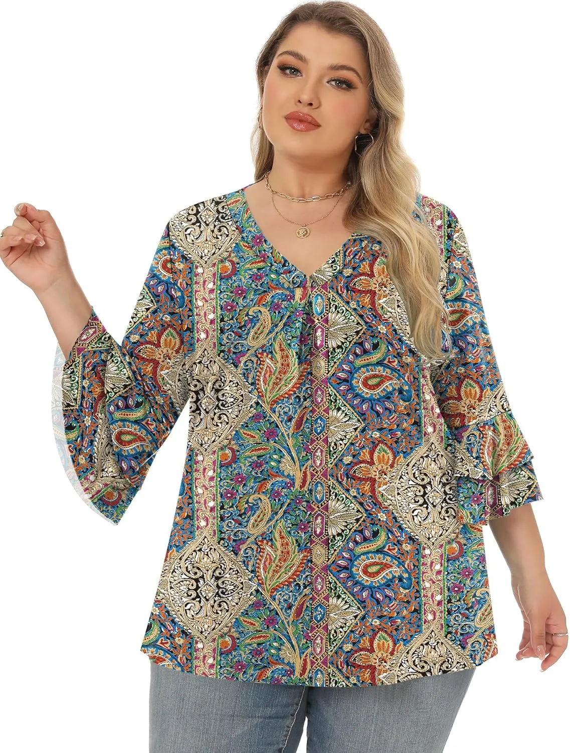 Rapbin Womens Plus Size Tops 3/4 Length Sleeve V Neck Pleated Shirts Loose Fit Tunic Blouse (1X-5X)