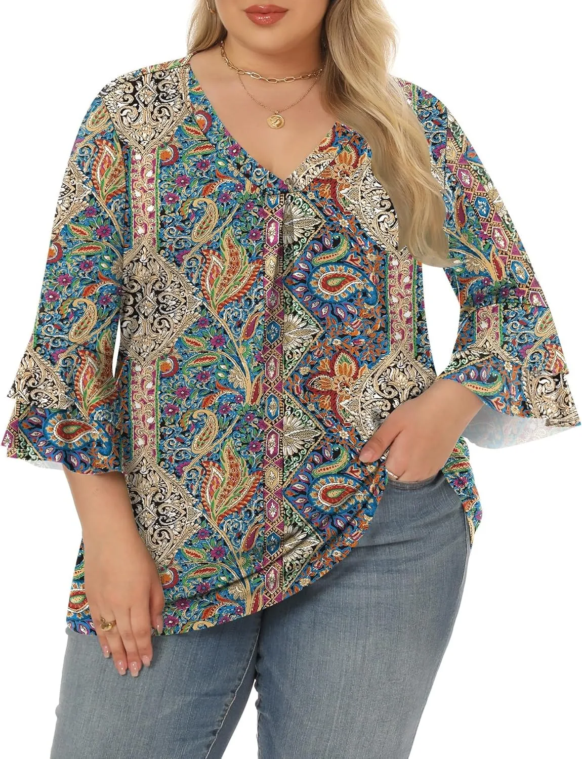 Rapbin Womens Plus Size Tops 3/4 Length Sleeve V Neck Pleated Shirts Loose Fit Tunic Blouse (1X-5X)