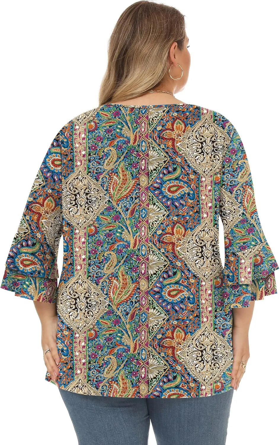 Rapbin Womens Plus Size Tops 3/4 Length Sleeve V Neck Pleated Shirts Loose Fit Tunic Blouse (1X-5X)