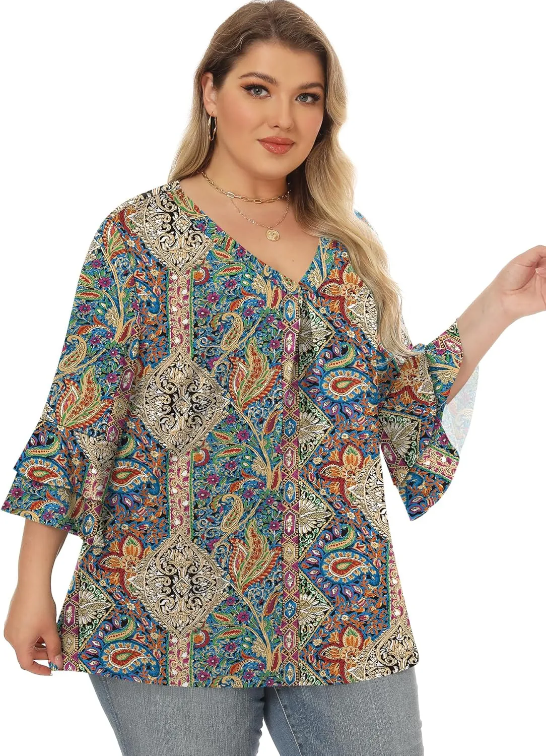 Rapbin Womens Plus Size Tops 3/4 Length Sleeve V Neck Pleated Shirts Loose Fit Tunic Blouse (1X-5X)