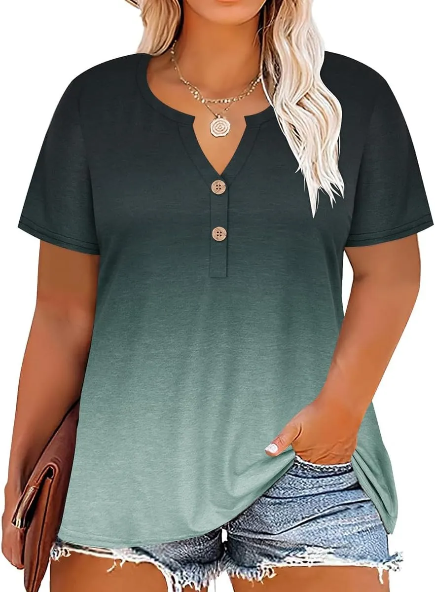 RITERA Plus Size Tops for Women V Neck Button Up Short Sleeve Henley Tshirt Casual Blouse Pullover Basic 12W 14W XL-5XL
