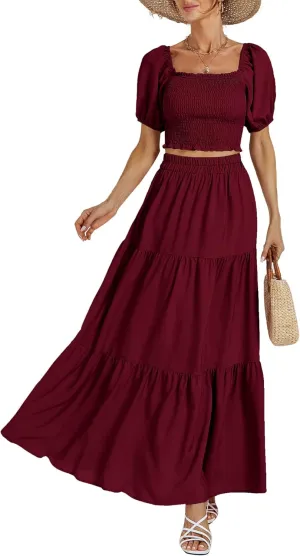 Rooscier Women's 2 Piece Outfit Shirred Short Sleeve Crop Top A Line Beach Maxi Skirt Set