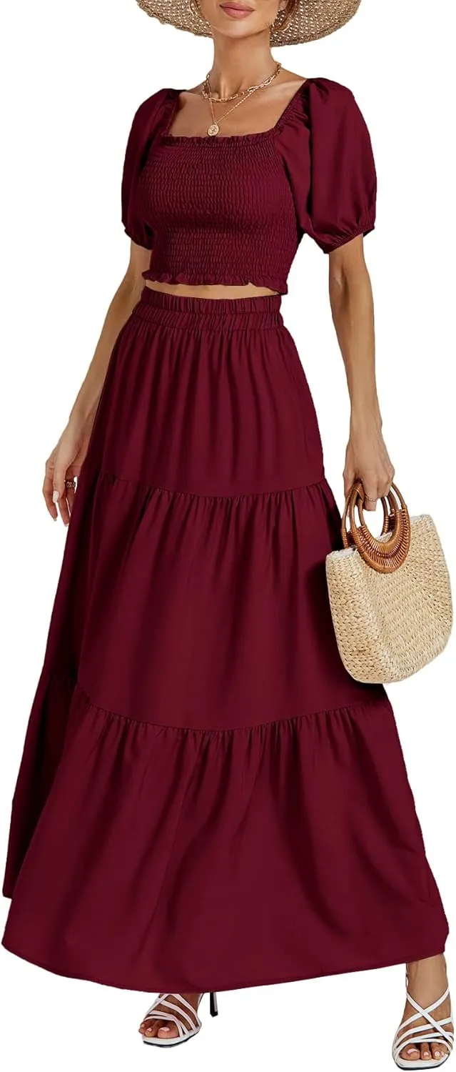 Rooscier Women's 2 Piece Outfit Shirred Short Sleeve Crop Top A Line Beach Maxi Skirt Set