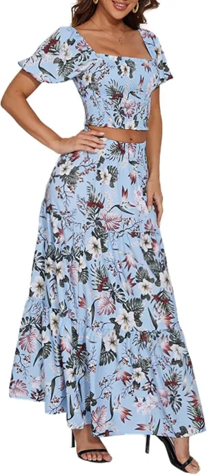 Rooscier Women's 2 Piece Outfit Shirred Short Sleeve Crop Top A Line Beach Maxi Skirt Set