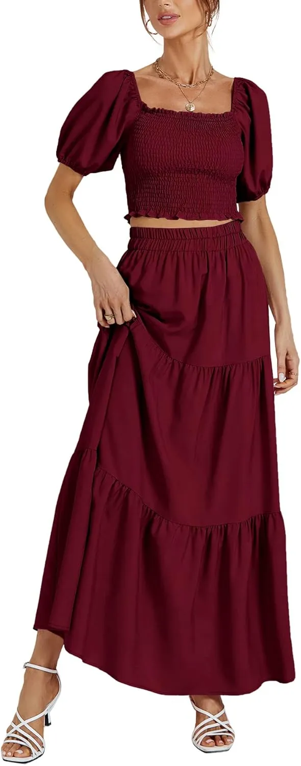 Rooscier Women's 2 Piece Outfit Shirred Short Sleeve Crop Top A Line Beach Maxi Skirt Set