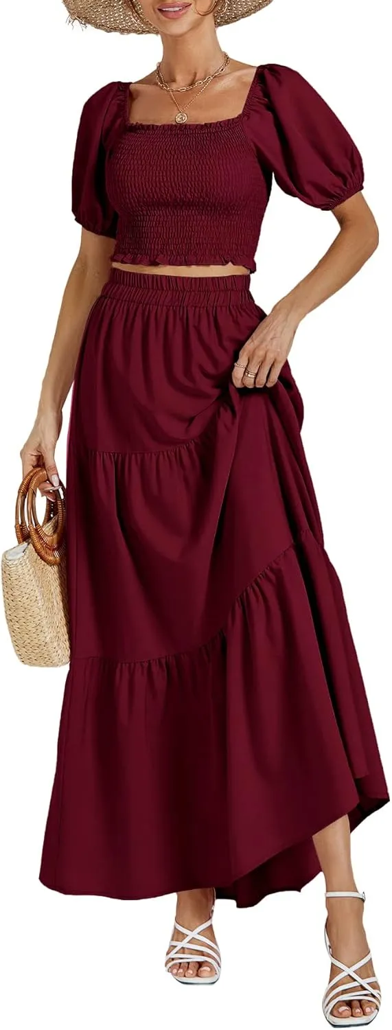 Rooscier Women's 2 Piece Outfit Shirred Short Sleeve Crop Top A Line Beach Maxi Skirt Set