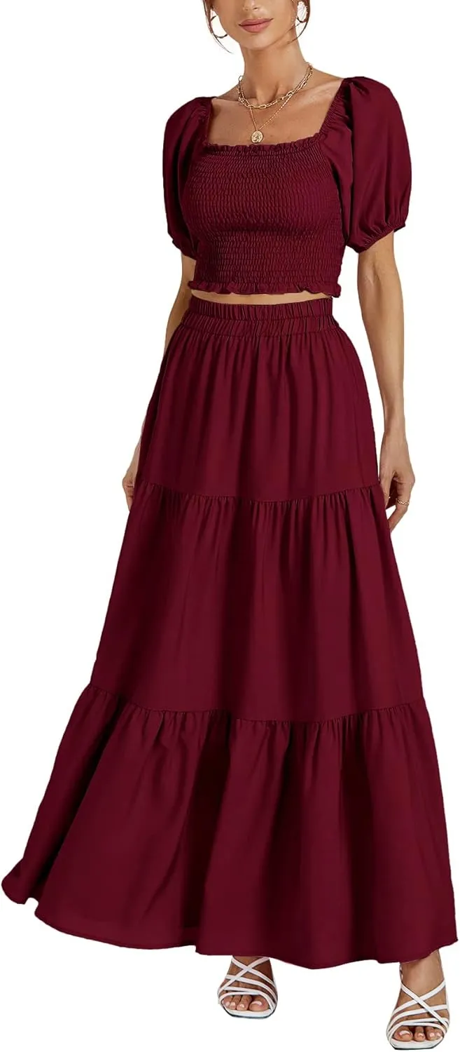 Rooscier Women's 2 Piece Outfit Shirred Short Sleeve Crop Top A Line Beach Maxi Skirt Set