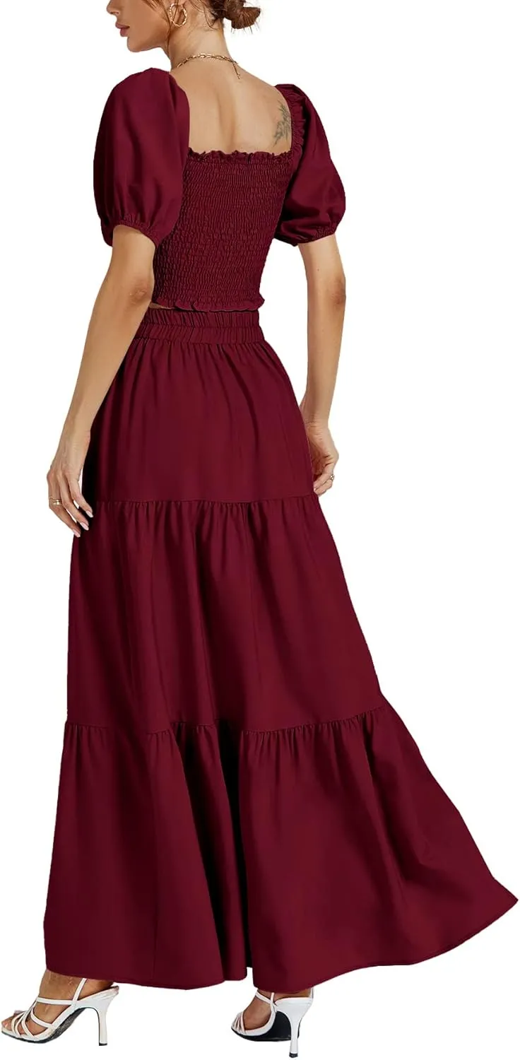 Rooscier Women's 2 Piece Outfit Shirred Short Sleeve Crop Top A Line Beach Maxi Skirt Set