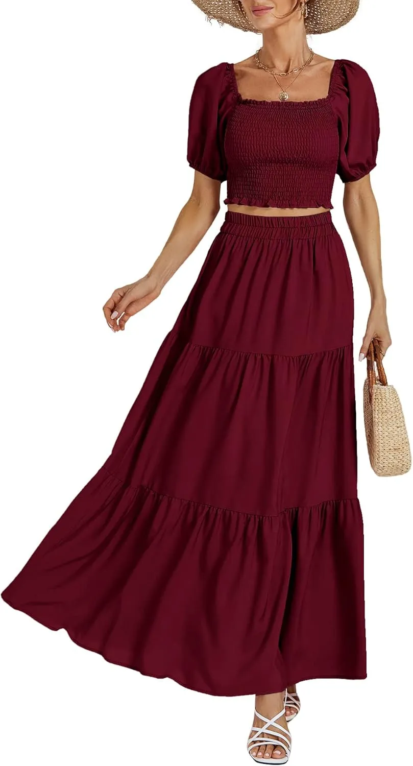 Rooscier Women's 2 Piece Outfit Shirred Short Sleeve Crop Top A Line Beach Maxi Skirt Set