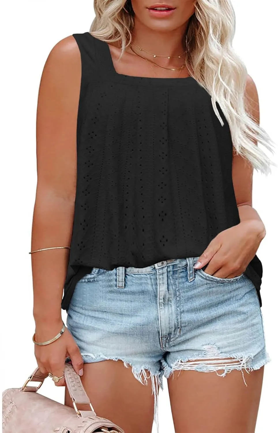 ROSRISS Plus-Size-Tank-Tops Summer Sleeveless Loose Fit Pleated Shirts Square Neck Tunics Eyelet Flowy Tees