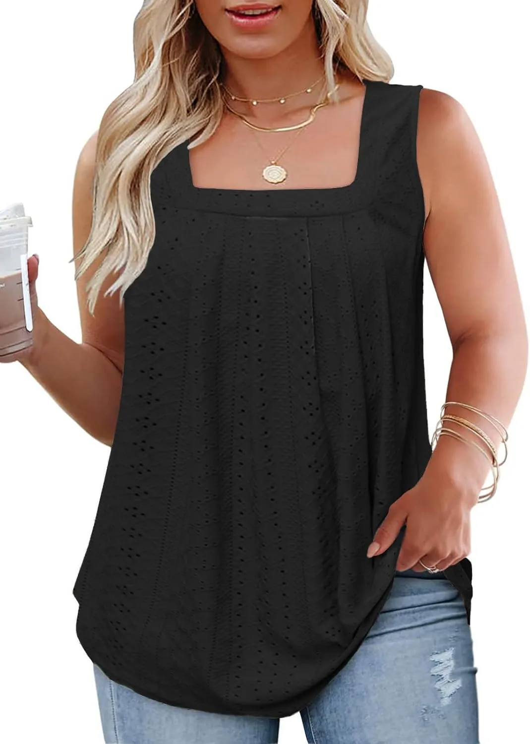 ROSRISS Plus-Size-Tank-Tops Summer Sleeveless Loose Fit Pleated Shirts Square Neck Tunics Eyelet Flowy Tees