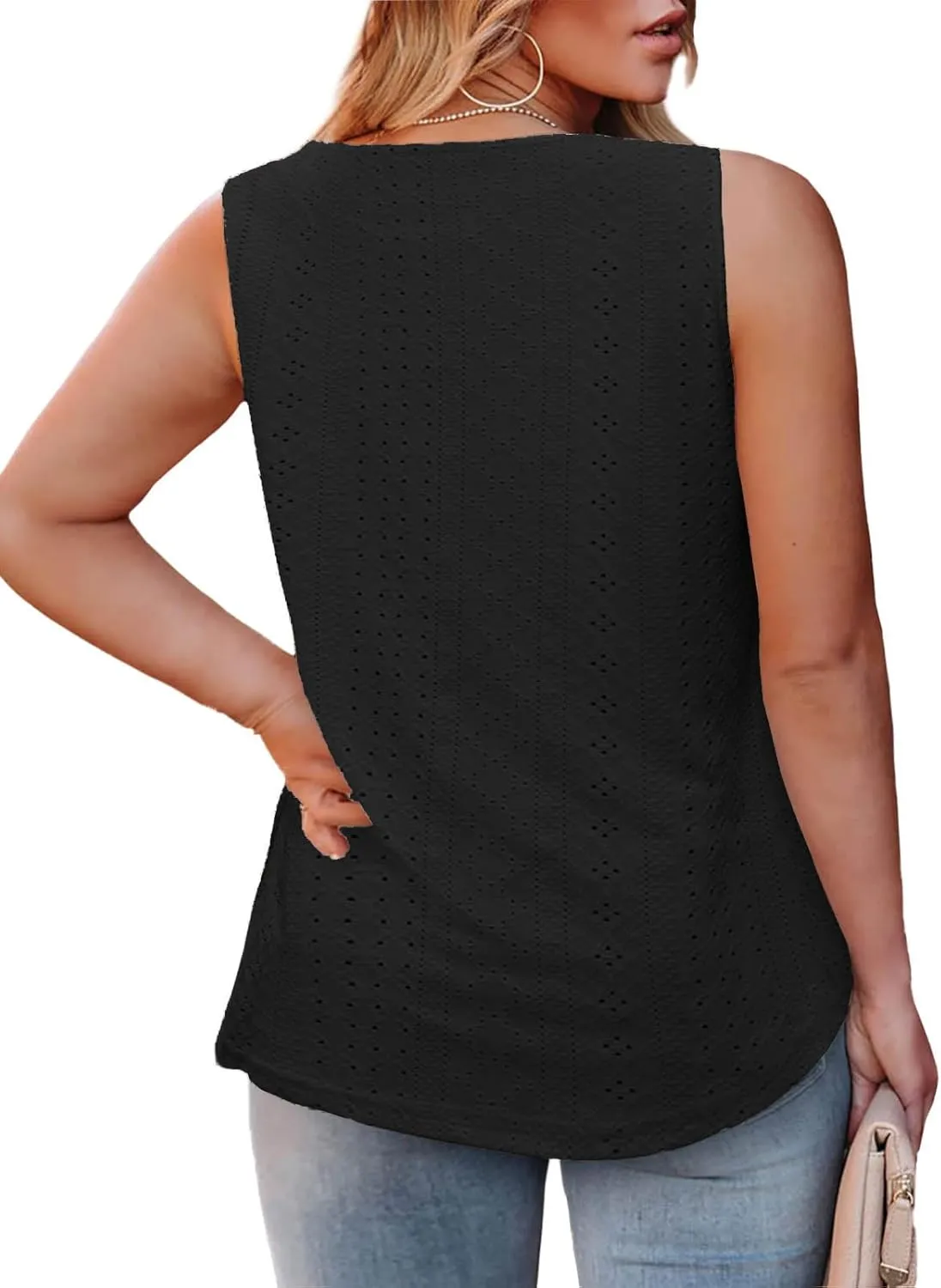 ROSRISS Plus-Size-Tank-Tops Summer Sleeveless Loose Fit Pleated Shirts Square Neck Tunics Eyelet Flowy Tees