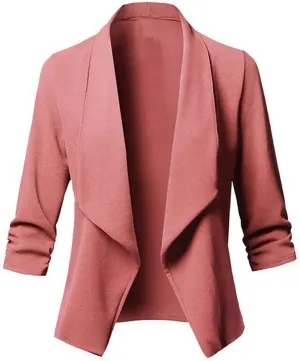 Ruched 3/4 Sleeve Open Front Draped Blazers Business Casual Basic Work Jackets for Womens Clothes with Plus Size