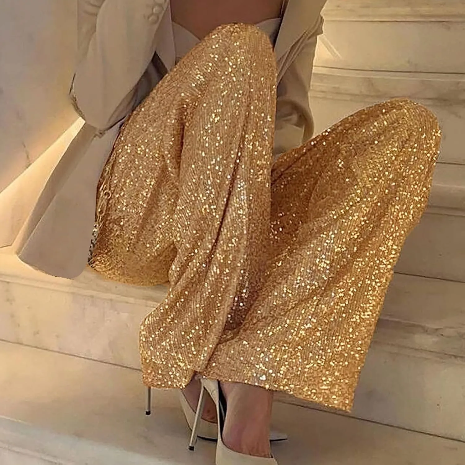 Sequin Pants for Women High Waisted Fashion Glitter Flare Bell Bottom Stretchy Casual Loose Night Party Wide Leg Trousers