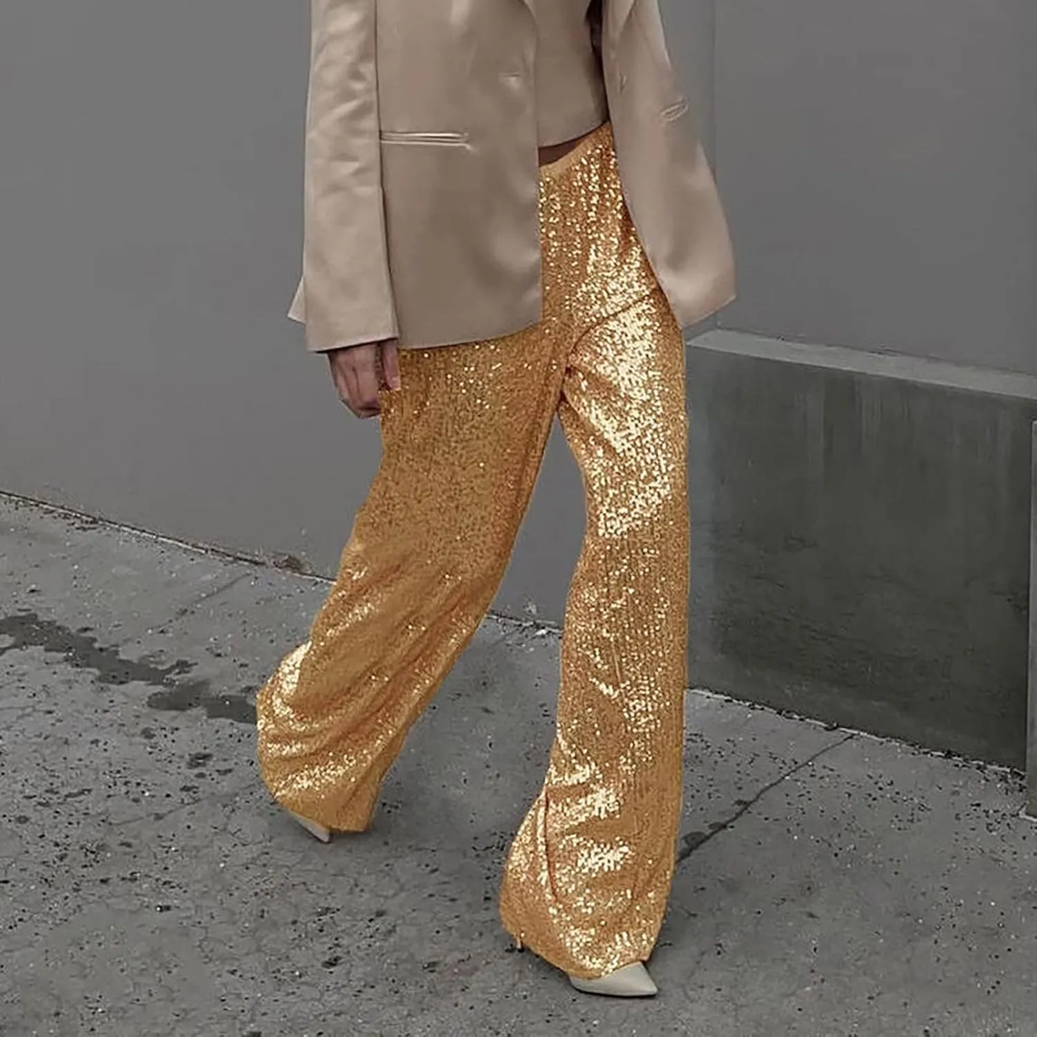 Sequin Pants for Women High Waisted Fashion Glitter Flare Bell Bottom Stretchy Casual Loose Night Party Wide Leg Trousers