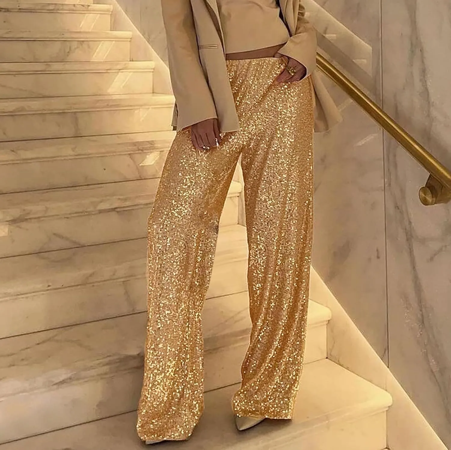 Sequin Pants for Women High Waisted Fashion Glitter Flare Bell Bottom Stretchy Casual Loose Night Party Wide Leg Trousers