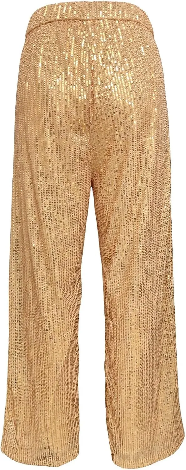 Sequin Pants for Women High Waisted Fashion Glitter Flare Bell Bottom Stretchy Casual Loose Night Party Wide Leg Trousers