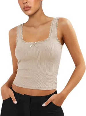 Sexy Lace Trim Tank Vest Tops for Women Sleeveless Camisole Y2K Spaghetti Strap Cropped Slim Fit Basic Cami Shirts