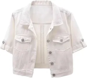 Short Sleeve Denim Jacket for Women 3/4 Sleeve Cropped Light Wash Short Jean Jacket Slim Trucker Coat Denim Tops