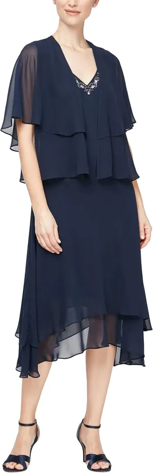 S.L. Fashions Women's Midi Length Beaded V-Neck Tiered Dress with Cascade Jacket