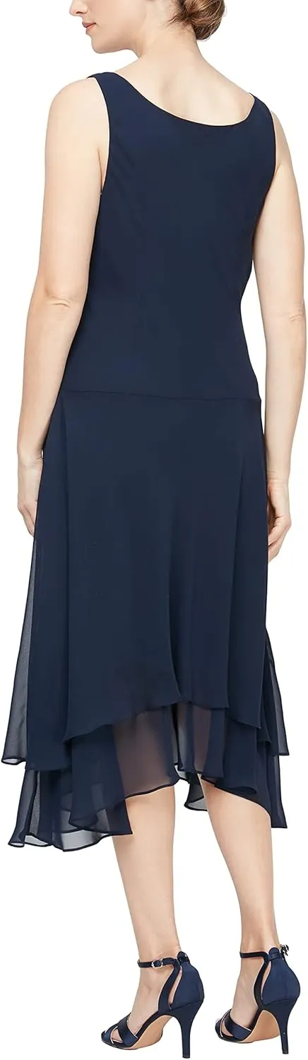 S.L. Fashions Women's Midi Length Beaded V-Neck Tiered Dress with Cascade Jacket