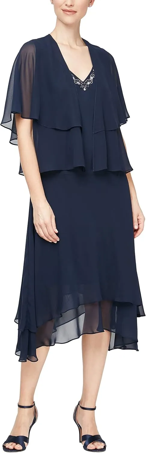 S.L. Fashions Women's Midi Length Beaded V-Neck Tiered Dress with Cascade Jacket