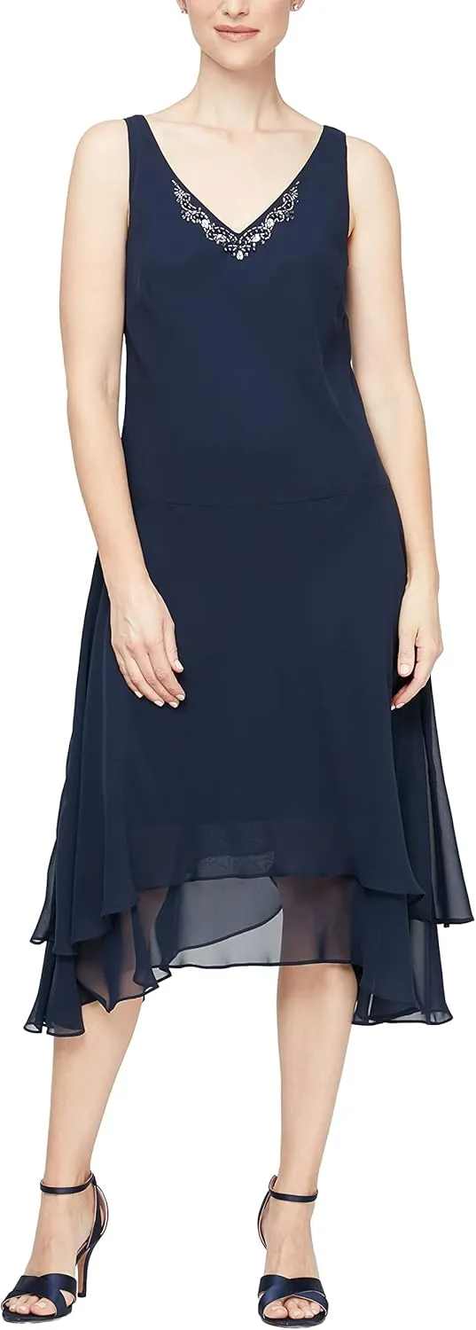 S.L. Fashions Women's Midi Length Beaded V-Neck Tiered Dress with Cascade Jacket