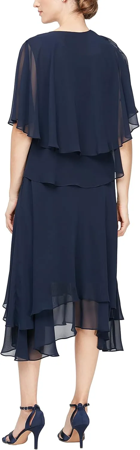 S.L. Fashions Women's Midi Length Beaded V-Neck Tiered Dress with Cascade Jacket