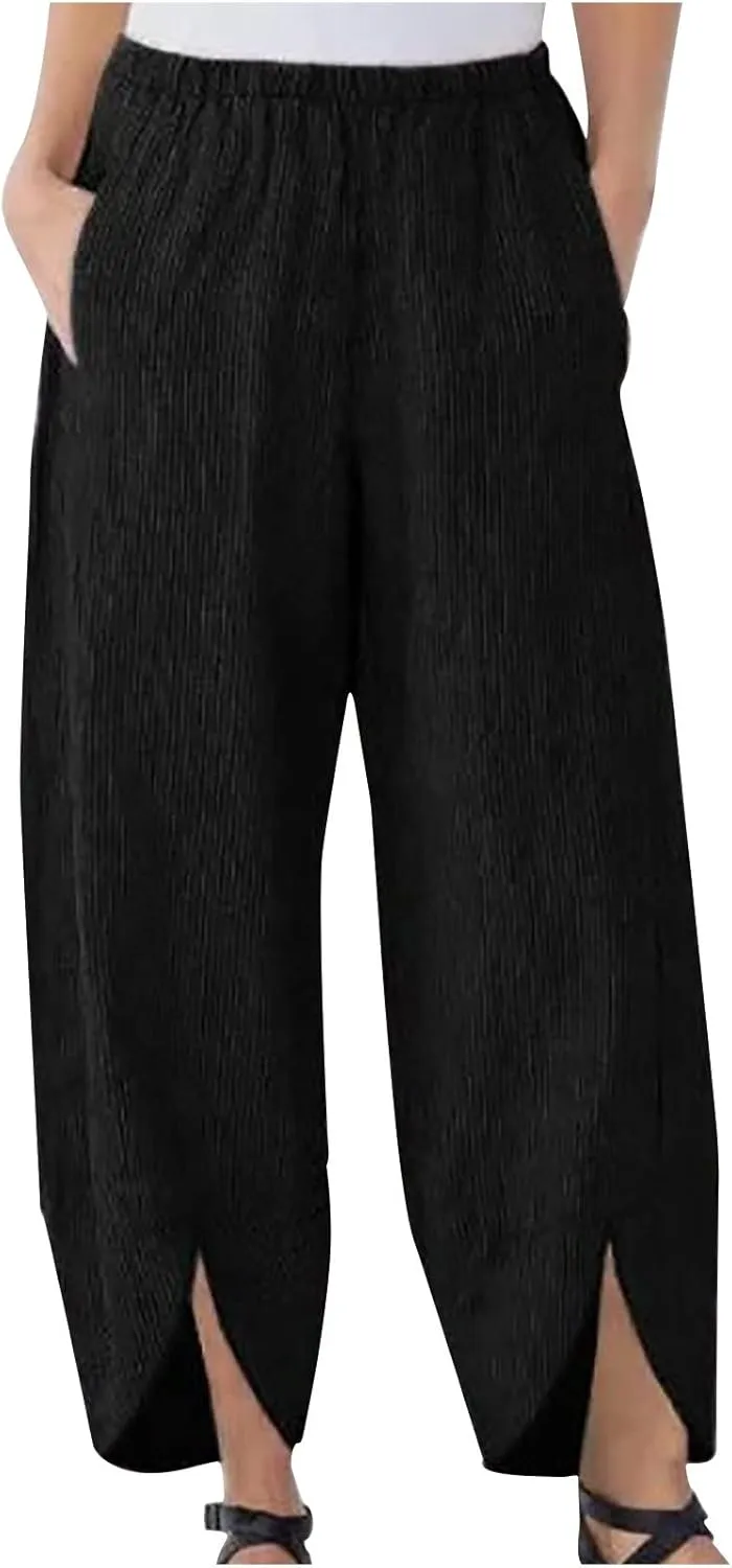 SMIDOW Womens Elastic High Waist Cotton Pants with Pockets Dressy Casual Loose Cropped Pant Comfy Lounge Trousers
