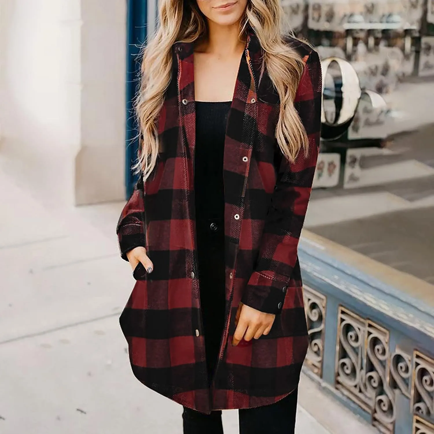 SMIDOW Womens Fall 2023 Casual Button Cardigan Jacket Outwears Flannel Plaid Long Shacket Jacket Tartan Trench Coat