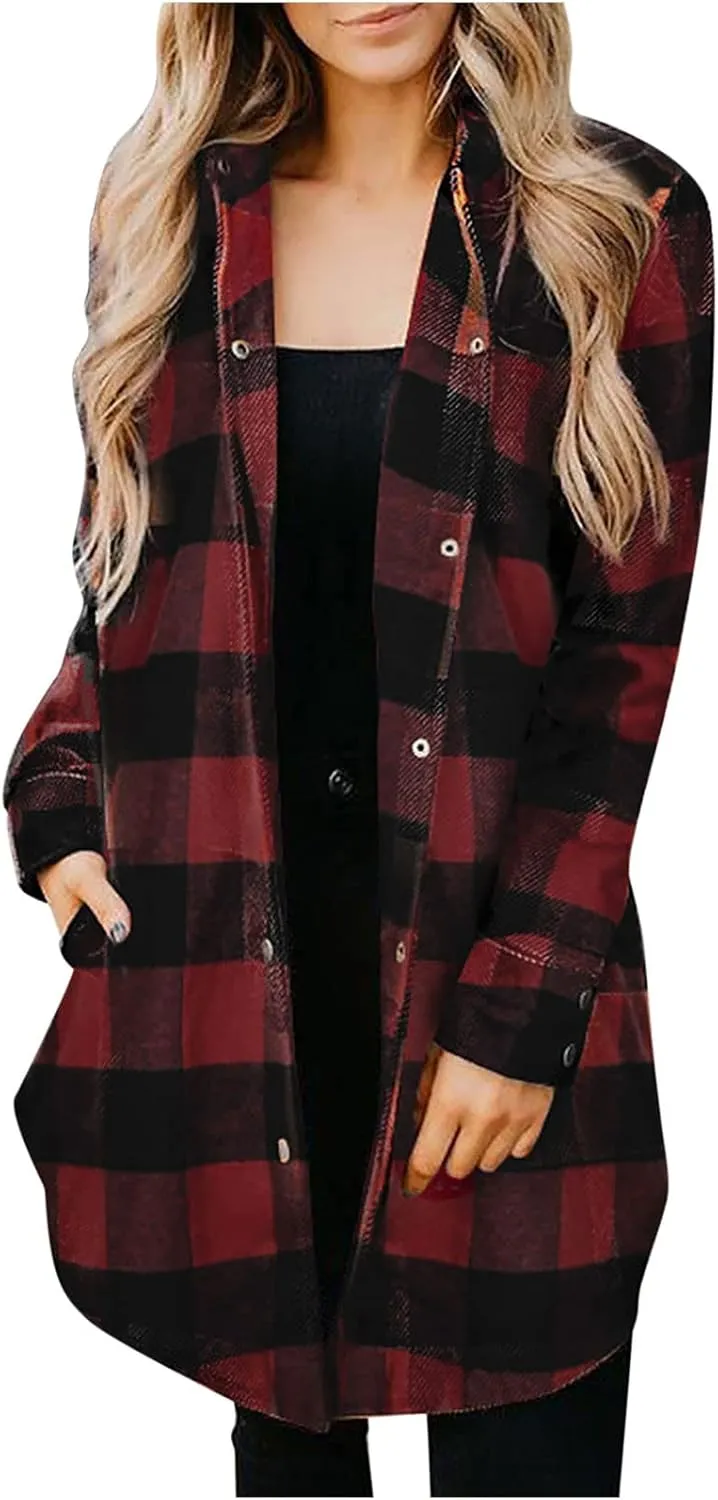 SMIDOW Womens Fall 2023 Casual Button Cardigan Jacket Outwears Flannel Plaid Long Shacket Jacket Tartan Trench Coat