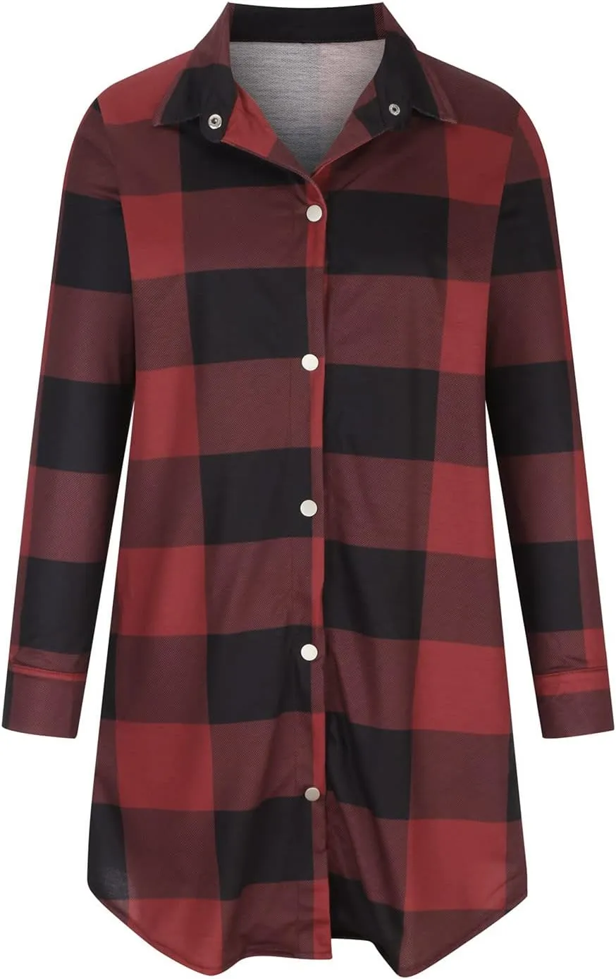 SMIDOW Womens Fall 2023 Casual Button Cardigan Jacket Outwears Flannel Plaid Long Shacket Jacket Tartan Trench Coat
