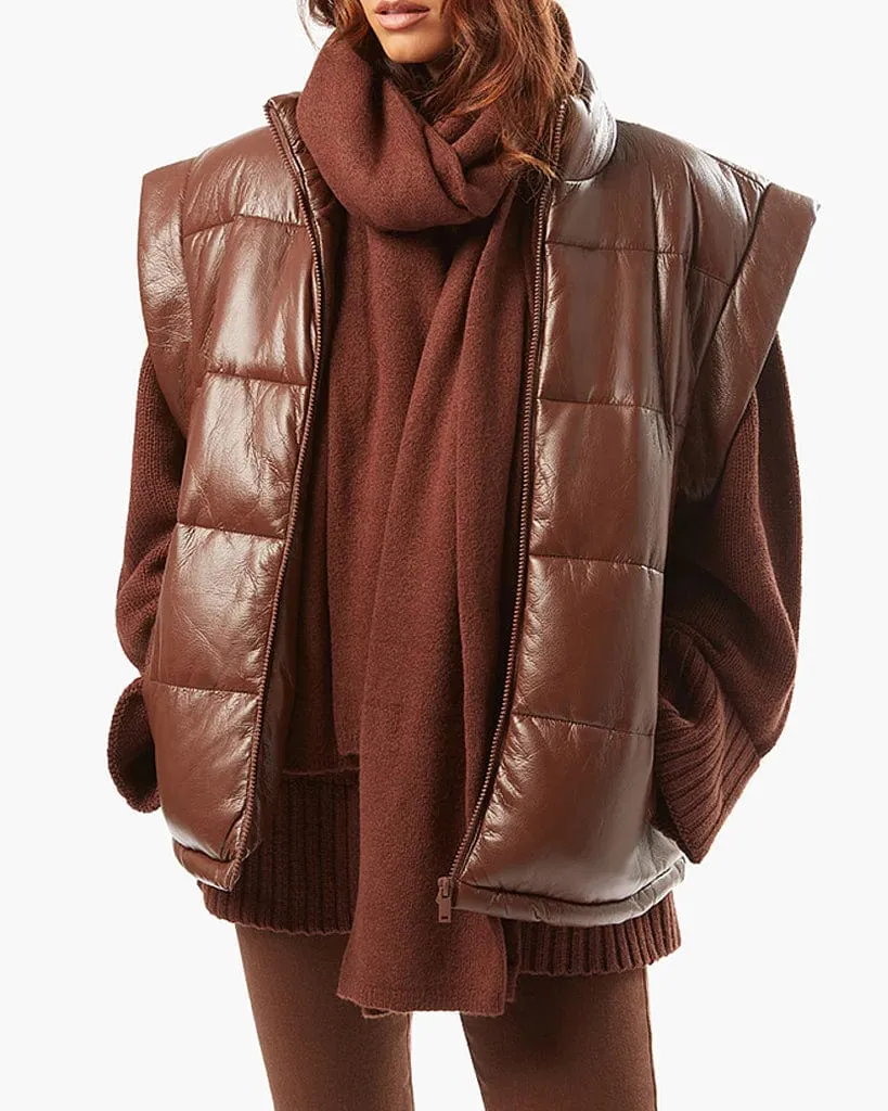 Snap Off Sleeve Matte Faux Leather Puffer Jacket Cacao