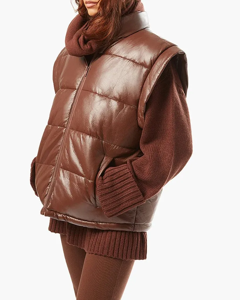 Snap Off Sleeve Matte Faux Leather Puffer Jacket Cacao