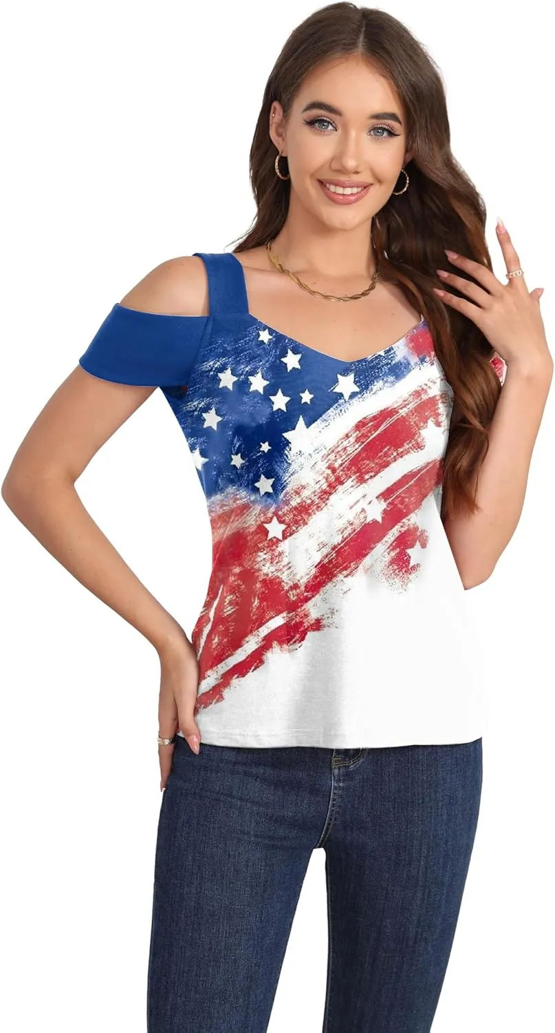 Soesdemo Summer Tops Womens Tunic Top Short Sleeve Cold Shoulder V Neck Loose Fit Basic Tee Casual Tops Shirts Blouse