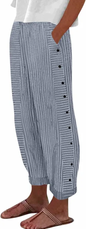 Striped Linen Pants Women Summer Wide Leg Gauze Pinstripe Pants Beach Vacation Lounge Linen Trousers with Pockets