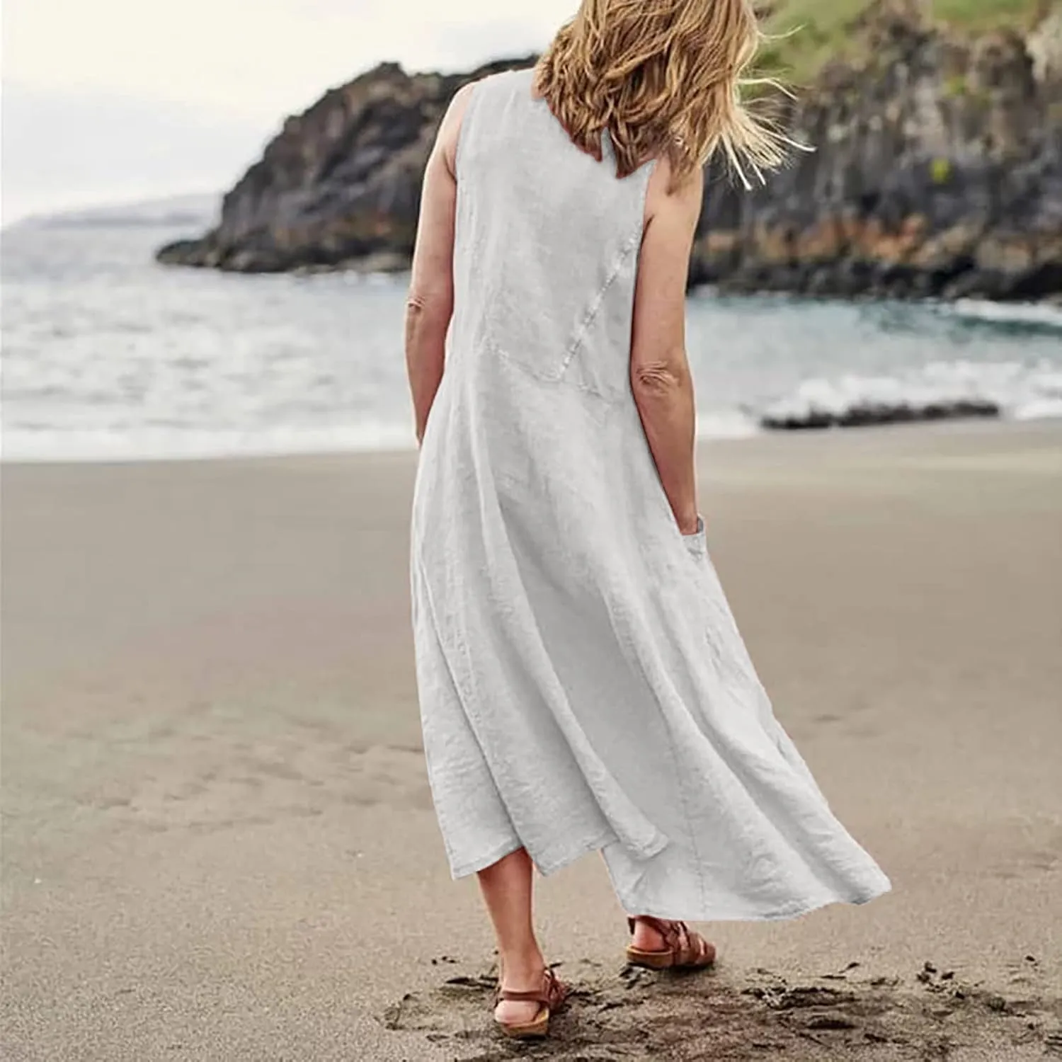 Summer Dresses for Women 2025 Casual Boho Sundress Crew Neck Sleeveless Beach Vacation Maxi Dresses with Pockets