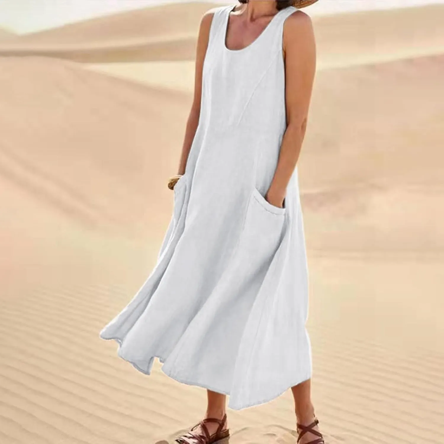 Summer Dresses for Women 2025 Casual Boho Sundress Crew Neck Sleeveless Beach Vacation Maxi Dresses with Pockets