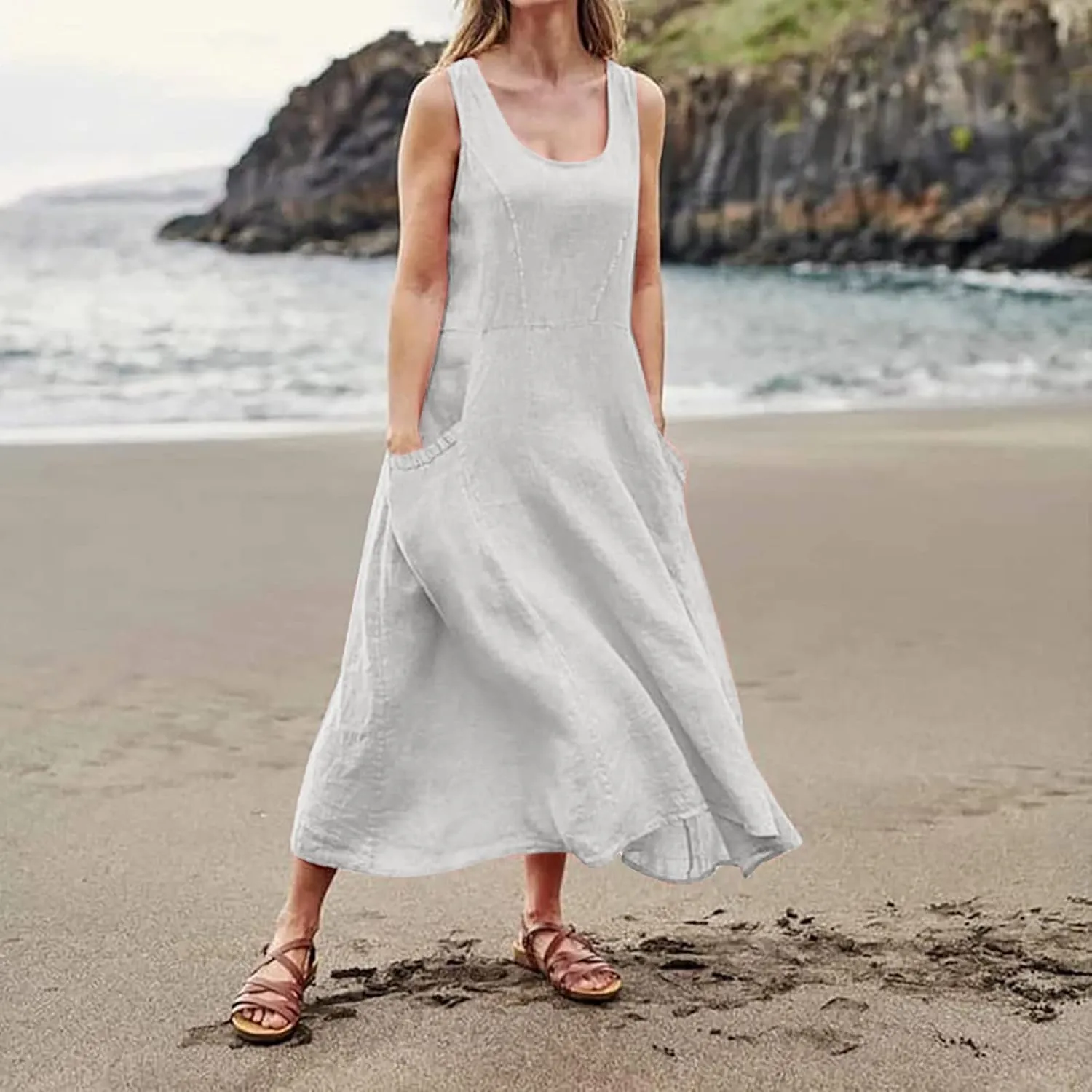 Summer Dresses for Women 2025 Casual Boho Sundress Crew Neck Sleeveless Beach Vacation Maxi Dresses with Pockets