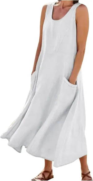 Summer Dresses for Women 2025 Casual Boho Sundress Crew Neck Sleeveless Beach Vacation Maxi Dresses with Pockets