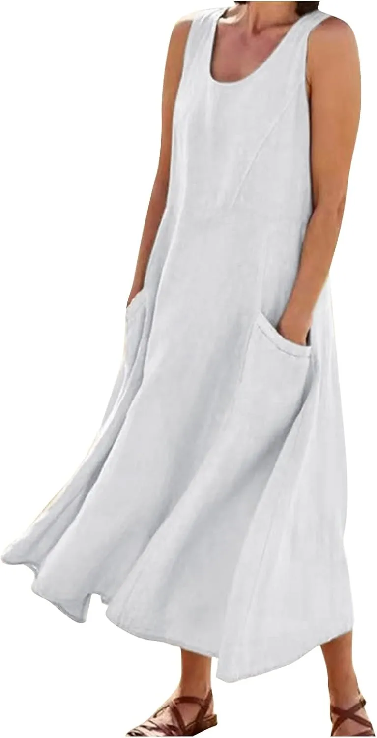 Summer Dresses for Women 2025 Casual Boho Sundress Crew Neck Sleeveless Beach Vacation Maxi Dresses with Pockets