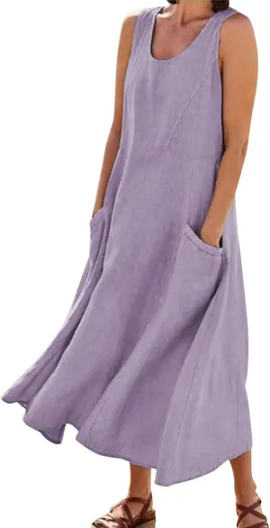 Sun Dresses for Women Casual Beach Plus Size Trendy Summer Linen V Neck T Shirt Dress Baggy Sleeveless Maxi Sundress