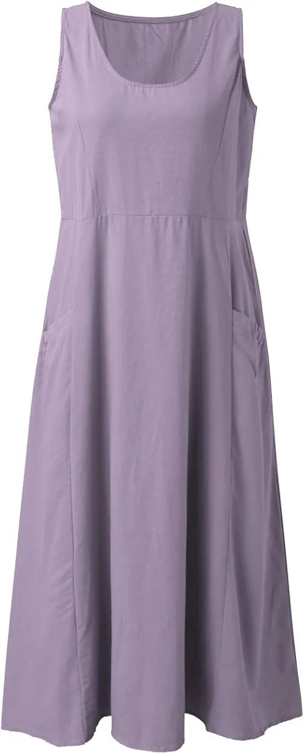 Sun Dresses for Women Casual Beach Plus Size Trendy Summer Linen V Neck T Shirt Dress Baggy Sleeveless Maxi Sundress